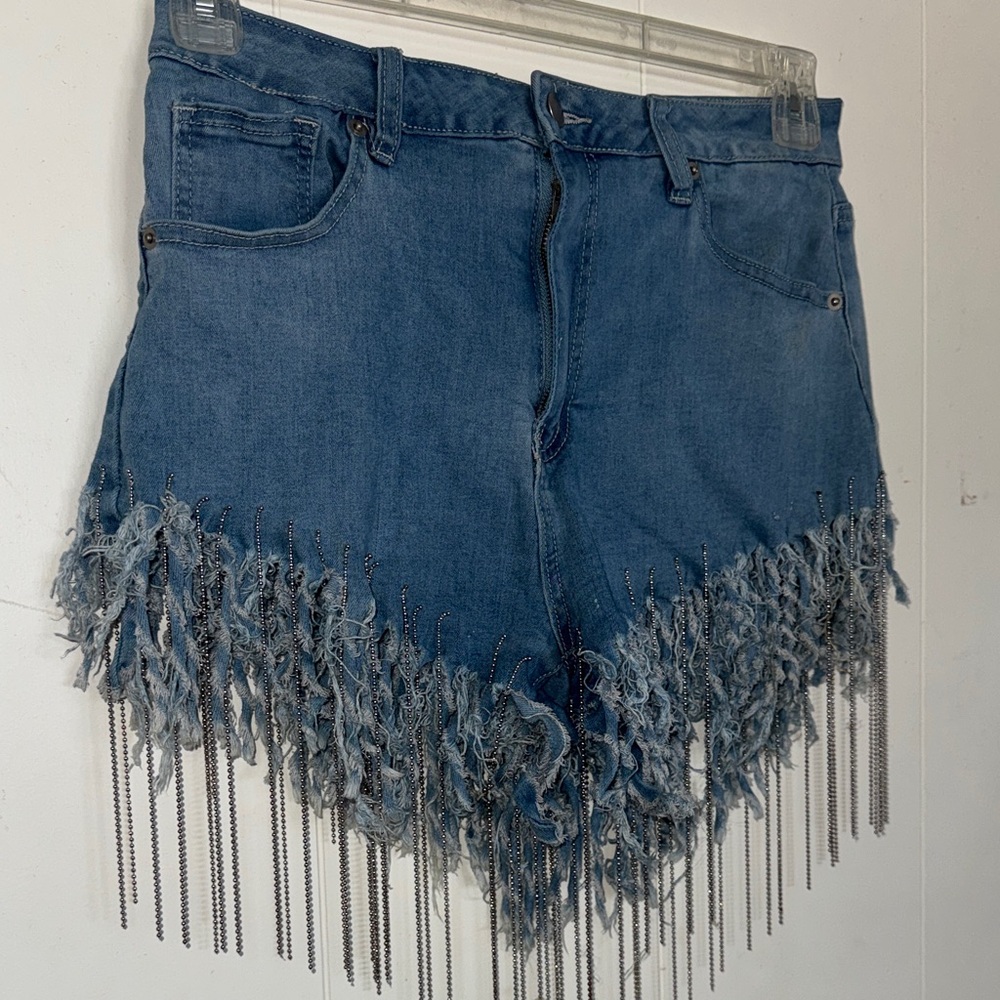 American Bazi Blue Denim Shorts with Fringe and Chains Large